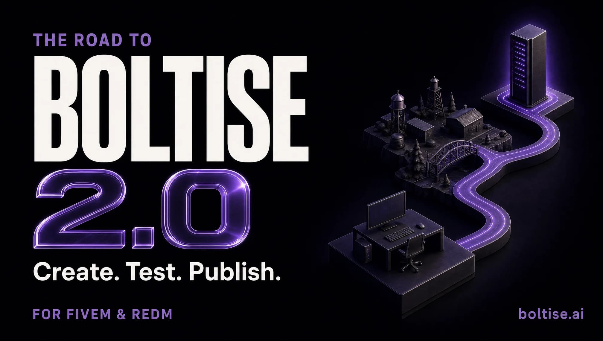 The road to Boltise 2.0: a glowing path connects a local workspace, a game world and a live server. Create. Test. Publish. For FiveM and RedM.